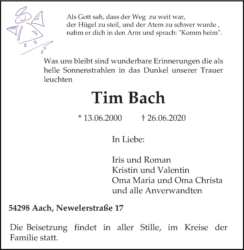  Traueranzeige für Tim Bach vom 01.07.2020 aus trierischer_volksfreund