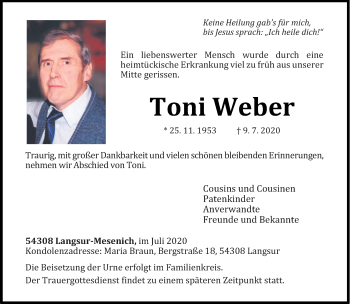 Traueranzeige von Toni Weber von trierischer_volksfreund