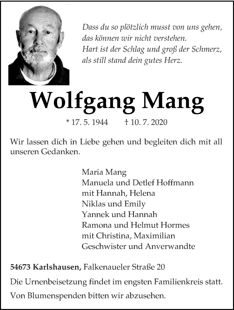  Traueranzeige für Wolfgang Mang vom 15.07.2020 aus trierischer_volksfreund