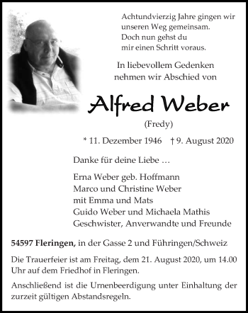 Traueranzeige von Alfred Weber von trierischer_volksfreund