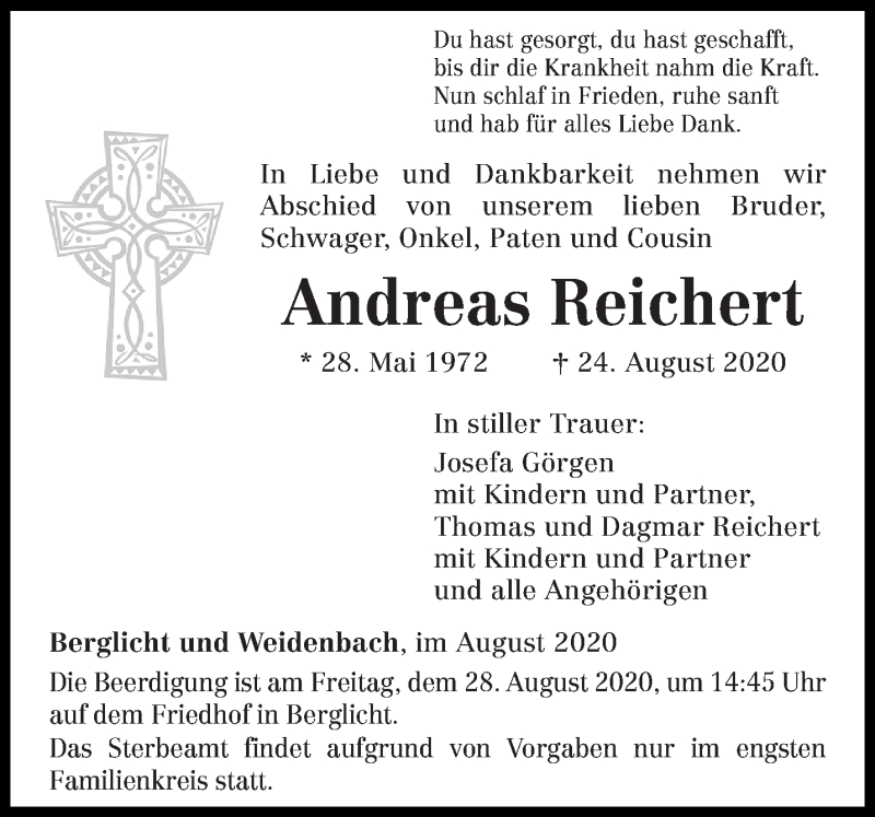  Traueranzeige für Andreas Reichert vom 26.08.2020 aus trierischer_volksfreund