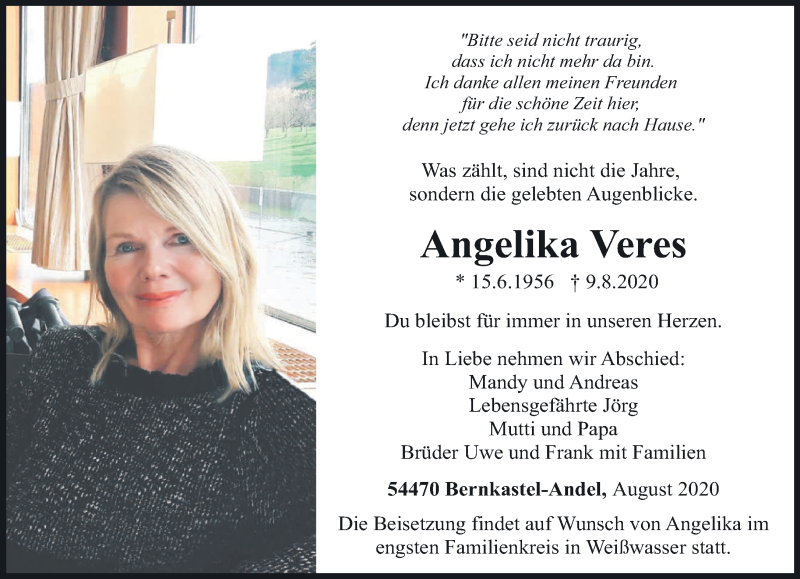  Traueranzeige für Angelika Veres vom 12.08.2020 aus trierischer_volksfreund