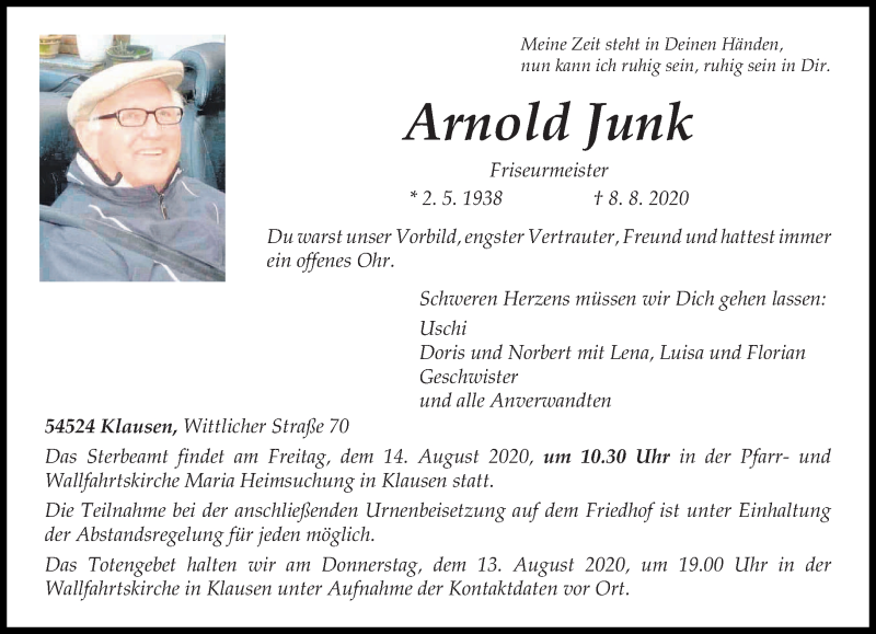  Traueranzeige für Arnold Junk vom 11.08.2020 aus trierischer_volksfreund