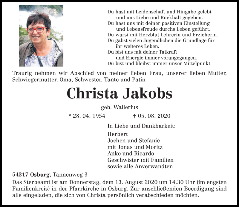  Traueranzeige für Christa Jakobs vom 08.08.2020 aus trierischer_volksfreund