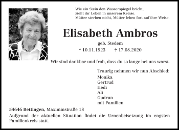 Traueranzeige von Elisabeth Ambros von trierischer_volksfreund