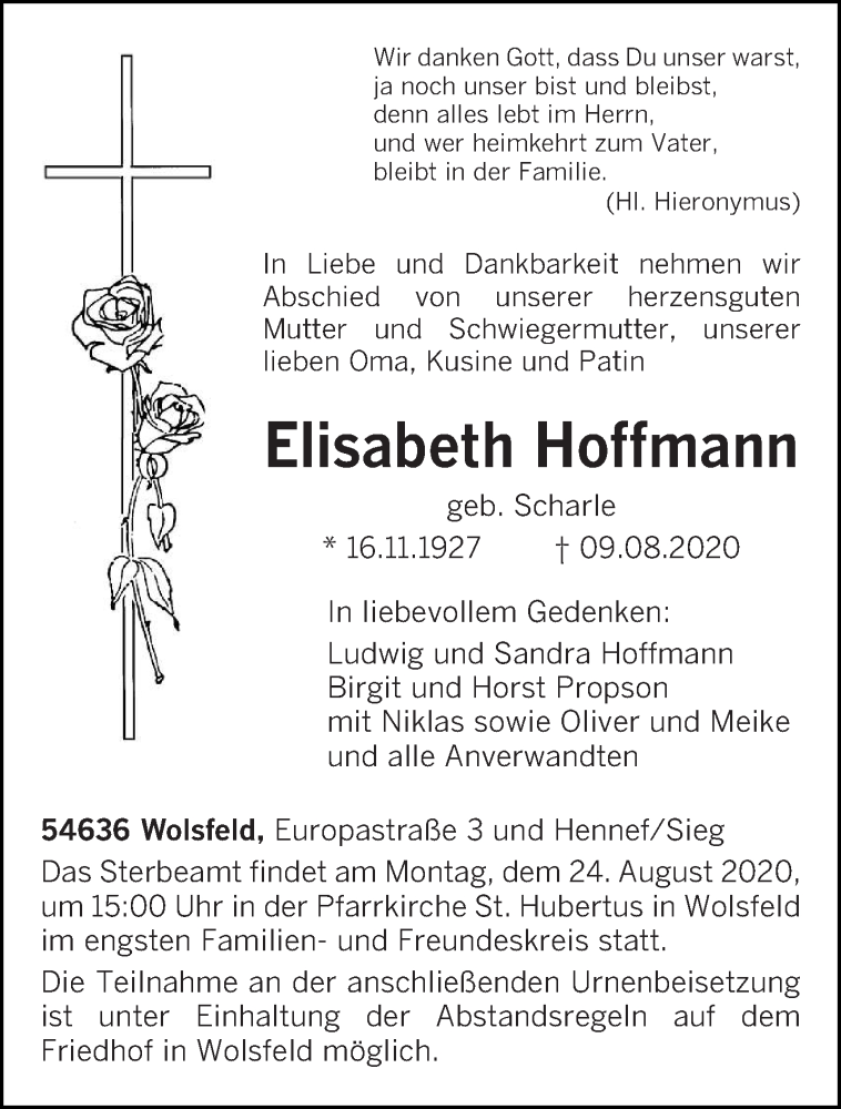  Traueranzeige für Elisabeth Hoffmann vom 19.08.2020 aus trierischer_volksfreund