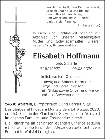 Traueranzeige von Elisabeth Hoffmann von trierischer_volksfreund