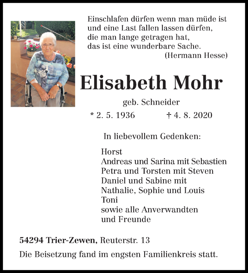  Traueranzeige für Elisabeth Mohr vom 11.08.2020 aus trierischer_volksfreund