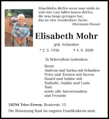 Traueranzeige von Elisabeth Mohr von trierischer_volksfreund