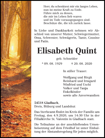 Traueranzeige von Elisabeth Quint von trierischer_volksfreund