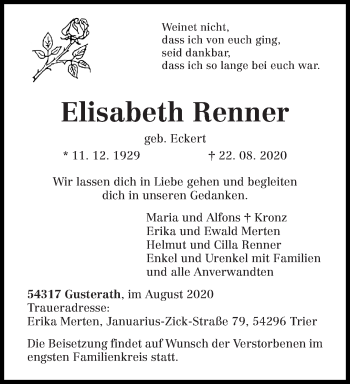 Traueranzeige von Elisabeth Renner von trierischer_volksfreund