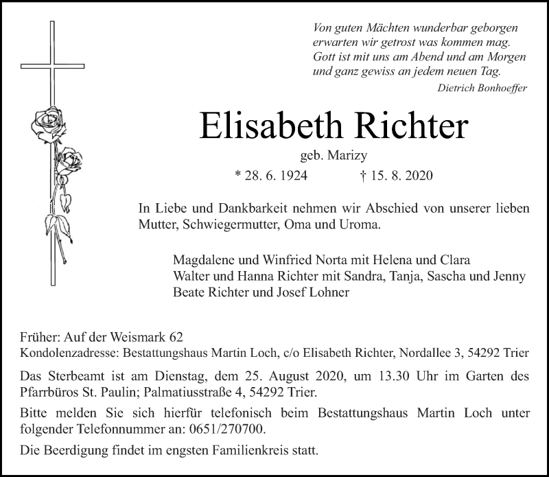  Traueranzeige für Elisabeth Richter vom 22.08.2020 aus trierischer_volksfreund