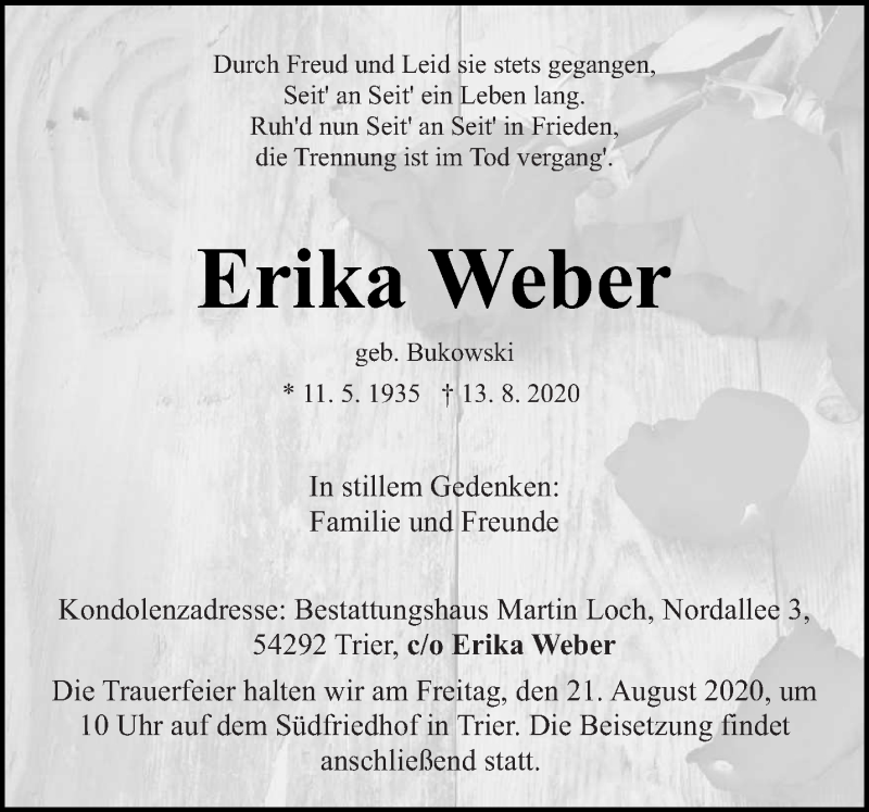  Traueranzeige für Erika Weber vom 19.08.2020 aus trierischer_volksfreund
