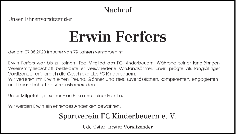  Traueranzeige für Erwin Ferfers vom 11.08.2020 aus trierischer_volksfreund