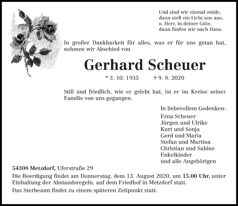  Traueranzeige für Gerhard Scheuer vom 11.08.2020 aus trierischer_volksfreund