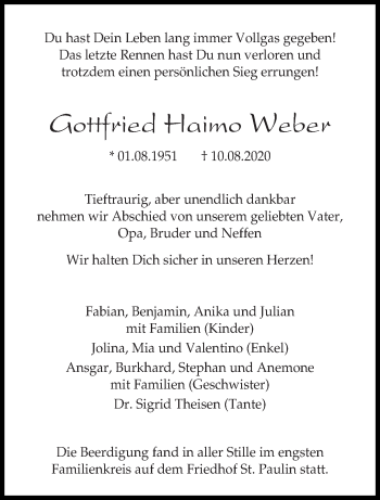 Traueranzeige von Gottfried Haimo Weber von trierischer_volksfreund