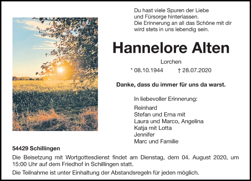  Traueranzeige für Hannelore Alten vom 01.08.2020 aus trierischer_volksfreund
