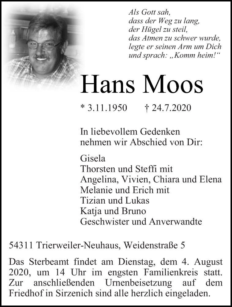  Traueranzeige für Hans Moos vom 01.08.2020 aus trierischer_volksfreund
