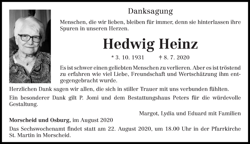 Traueranzeige für Hedwig Heinz vom 15.08.2020 aus trierischer_volksfreund