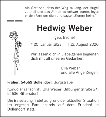 Traueranzeige von Hedwig Weber von trierischer_volksfreund