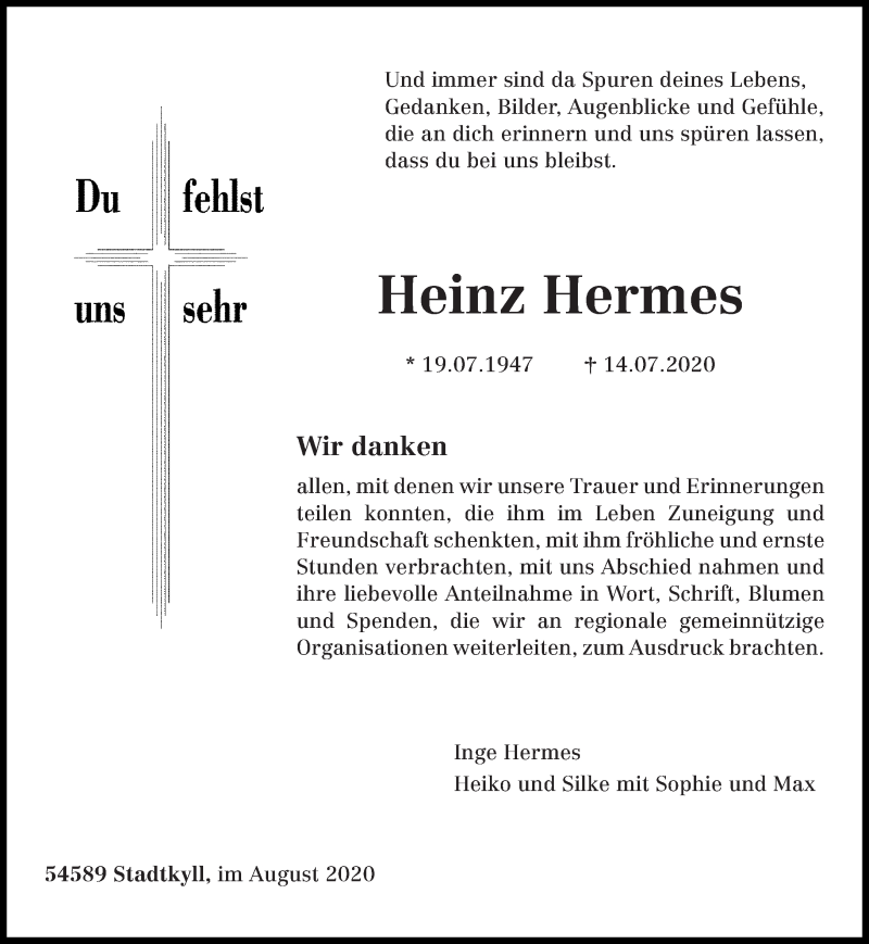 Traueranzeigen Von Heinz Hermes Volksfreund Trauer De