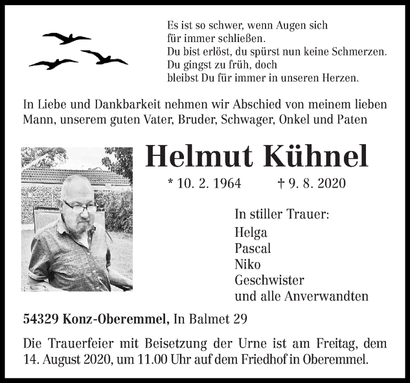  Traueranzeige für Helmut Kühnel vom 11.08.2020 aus trierischer_volksfreund