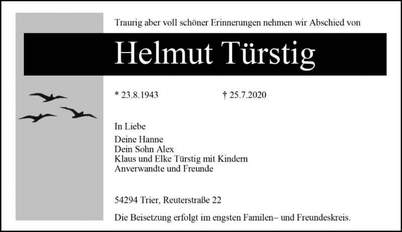  Traueranzeige für Helmut Türstig vom 01.08.2020 aus trierischer_volksfreund