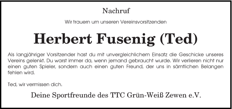  Traueranzeige für Herbert Fusenig vom 31.07.2020 aus trierischer_volksfreund