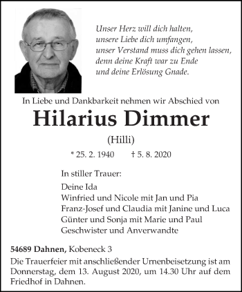 Traueranzeige von Hilarius Dimmer von trierischer_volksfreund