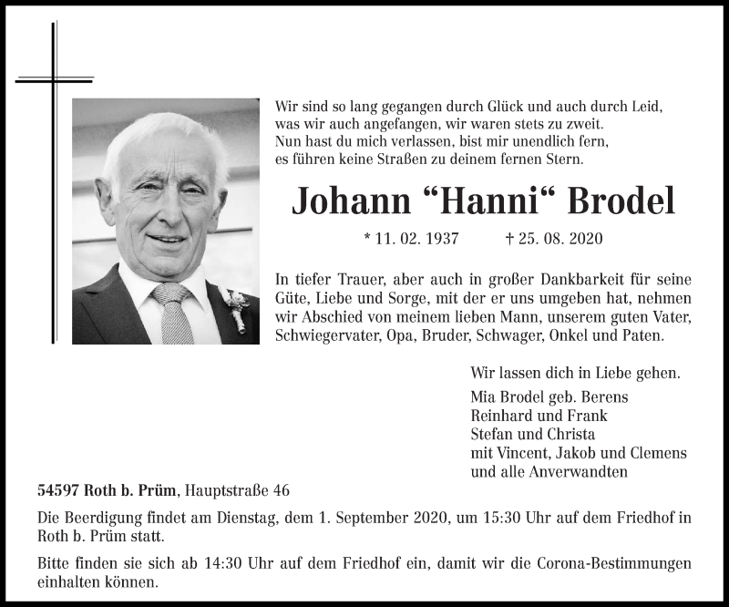  Traueranzeige für Johann Brodel vom 29.08.2020 aus trierischer_volksfreund