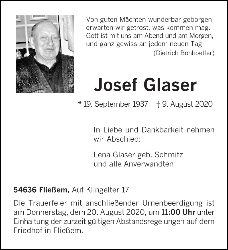  Traueranzeige für Josef Glaser vom 12.08.2020 aus trierischer_volksfreund