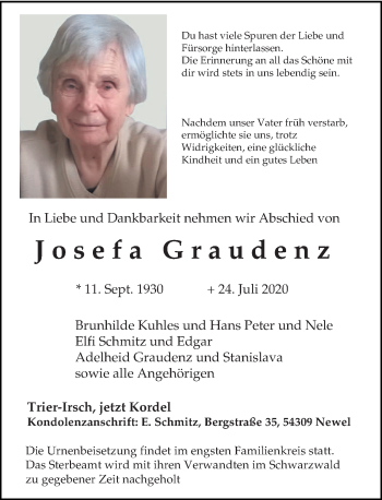 Traueranzeige von Josefa Graudenz von trierischer_volksfreund