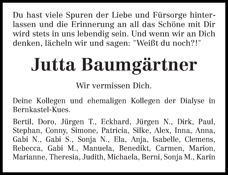  Traueranzeige für Jutta Baumgärtner vom 13.08.2020 aus trierischer_volksfreund