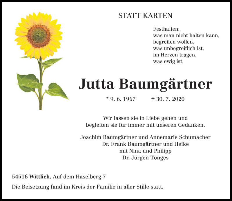  Traueranzeige für Jutta Baumgärtner vom 12.08.2020 aus trierischer_volksfreund