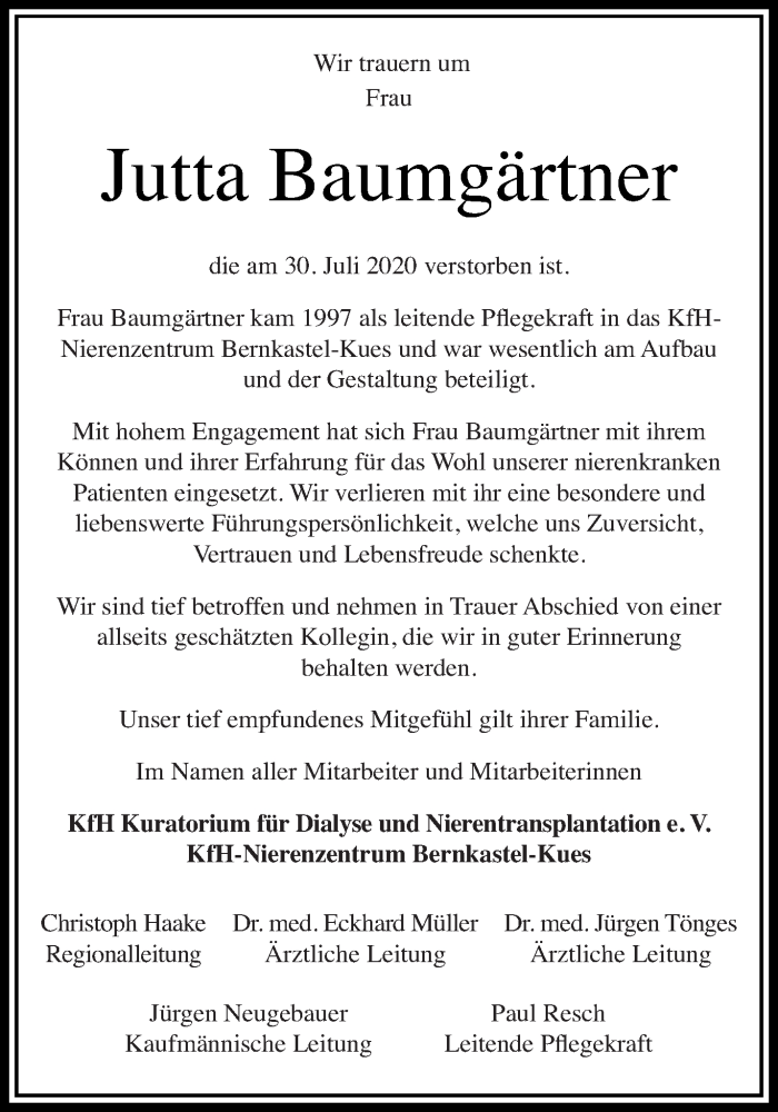  Traueranzeige für Jutta Baumgärtner vom 13.08.2020 aus trierischer_volksfreund