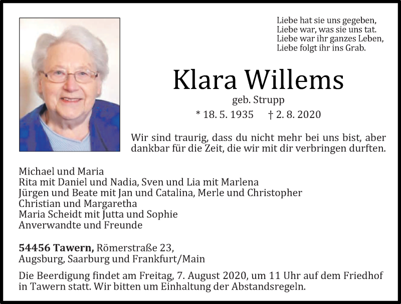  Traueranzeige für Klara Willems vom 05.08.2020 aus trierischer_volksfreund