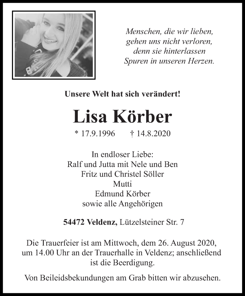  Traueranzeige für Lisa Körber vom 22.08.2020 aus trierischer_volksfreund