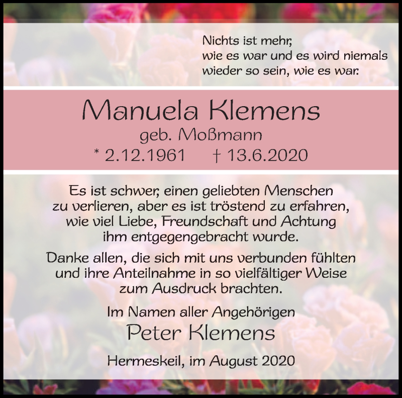  Traueranzeige für Manuela Klemens vom 22.08.2020 aus trierischer_volksfreund