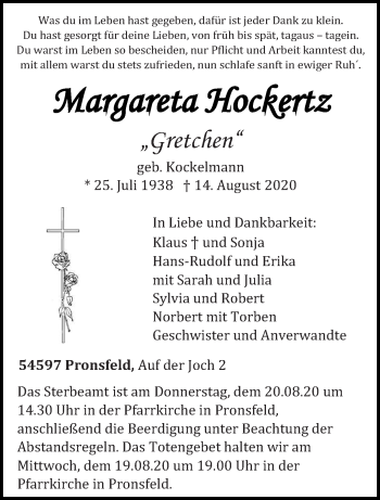 Traueranzeige von Margareta Hockertz von trierischer_volksfreund