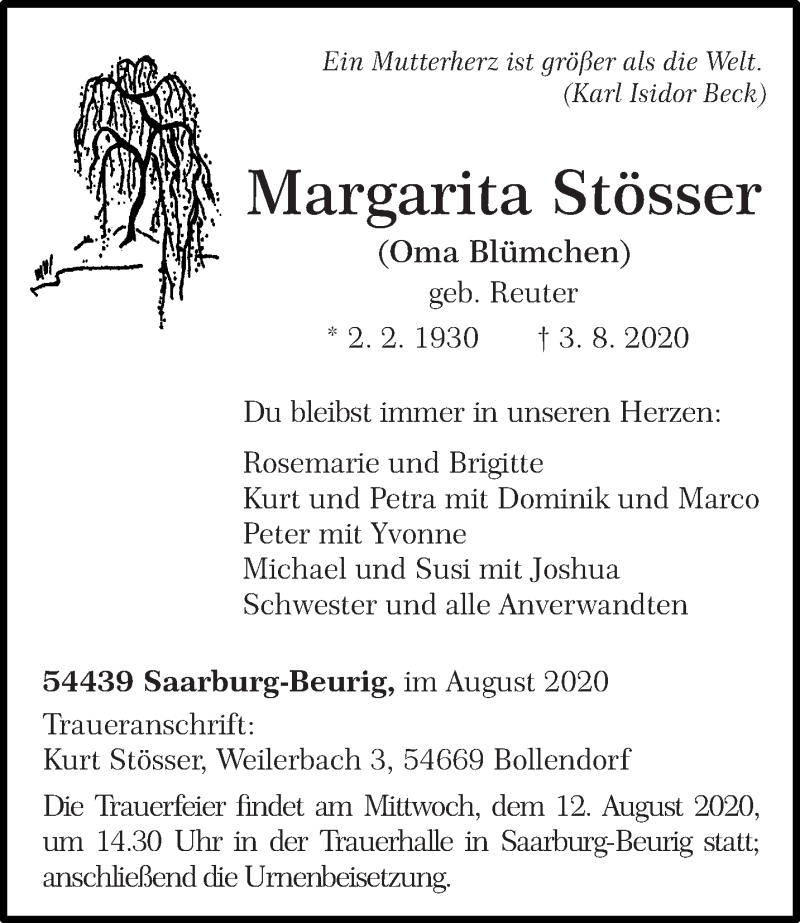  Traueranzeige für Margarita Stösser vom 08.08.2020 aus trierischer_volksfreund