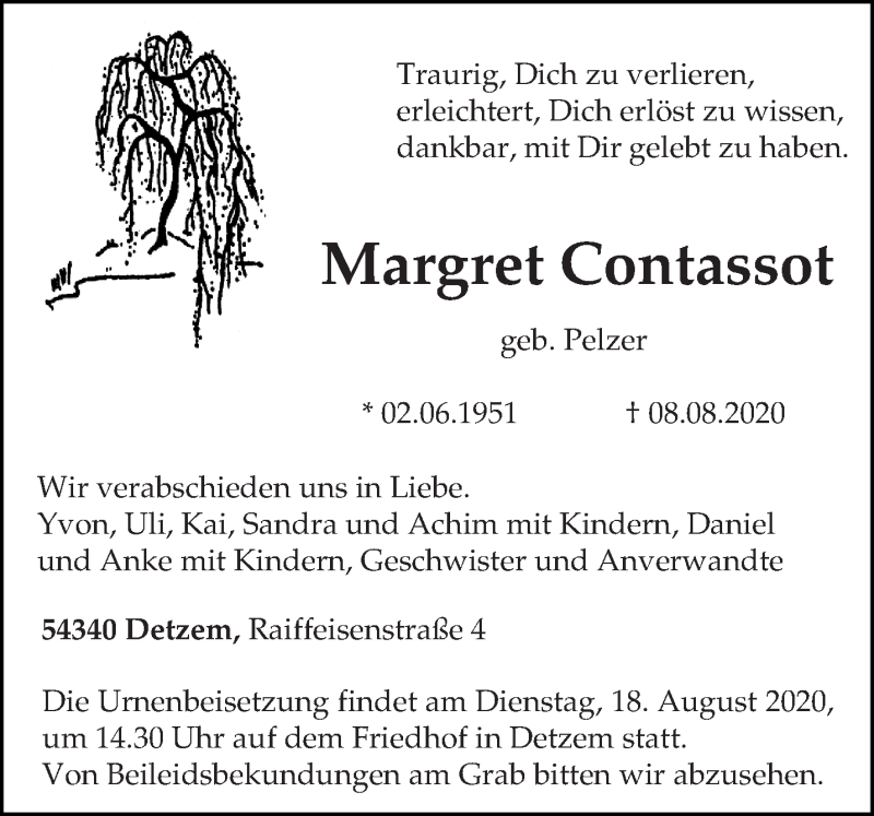  Traueranzeige für Margret Contassot vom 13.08.2020 aus trierischer_volksfreund