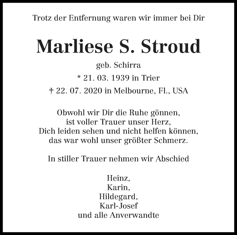  Traueranzeige für Marliese S. Stroud vom 31.07.2020 aus trierischer_volksfreund