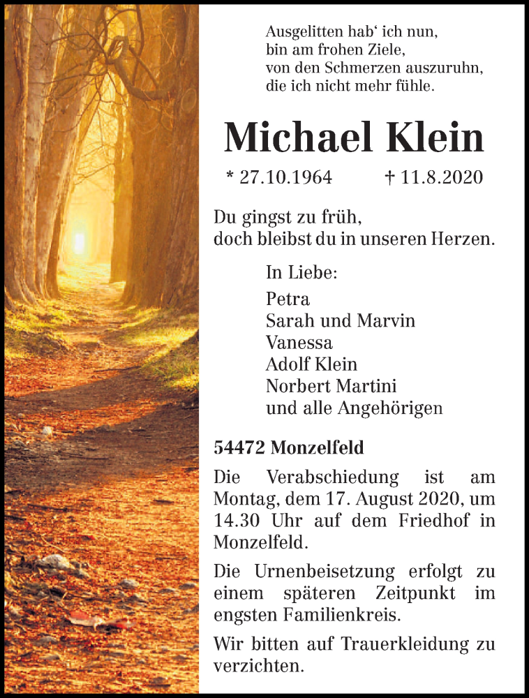  Traueranzeige für Michael Klein vom 13.08.2020 aus trierischer_volksfreund