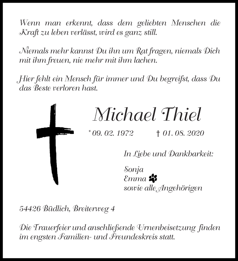 Traueranzeige für Michael Thiel vom 05.08.2020 aus trierischer_volksfreund