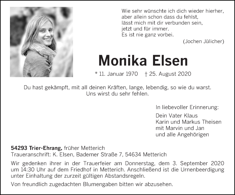 Traueranzeigen Von Monika Elsen Volksfreund Trauer De