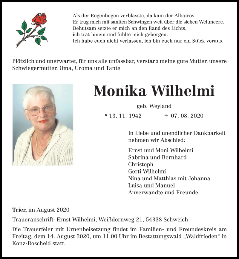 Traueranzeige für Monika Wilhelmi vom 12.08.2020 aus trierischer_volksfreund