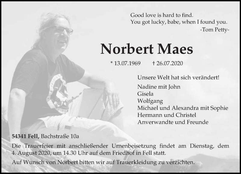  Traueranzeige für Norbert Maes vom 01.08.2020 aus trierischer_volksfreund