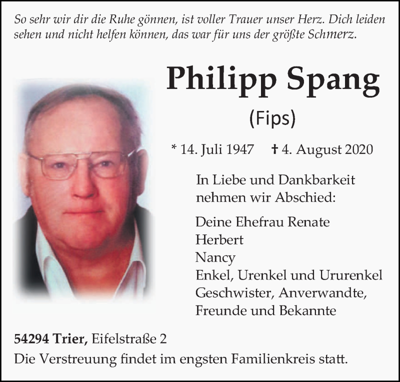  Traueranzeige für Philipp Spang vom 12.08.2020 aus trierischer_volksfreund