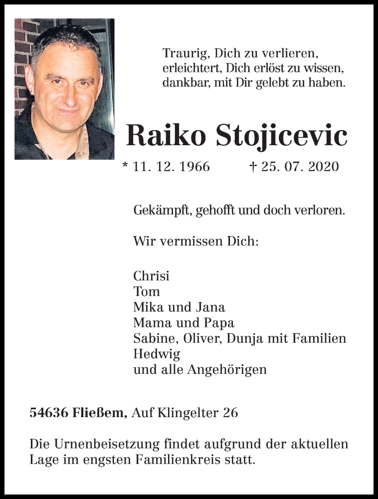  Traueranzeige für Raiko Stojicevic vom 01.08.2020 aus trierischer_volksfreund