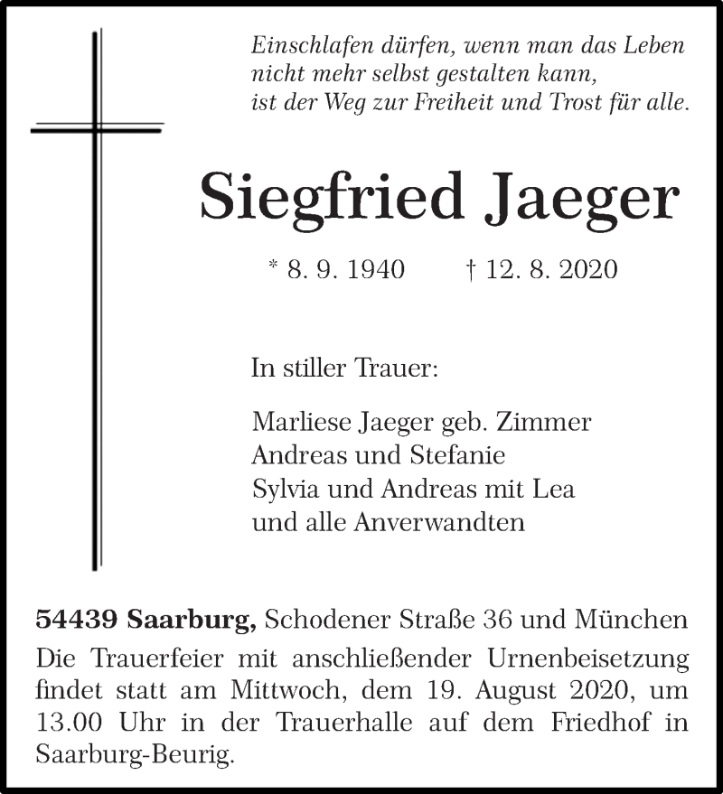  Traueranzeige für Siegfried Jaeger vom 15.08.2020 aus trierischer_volksfreund